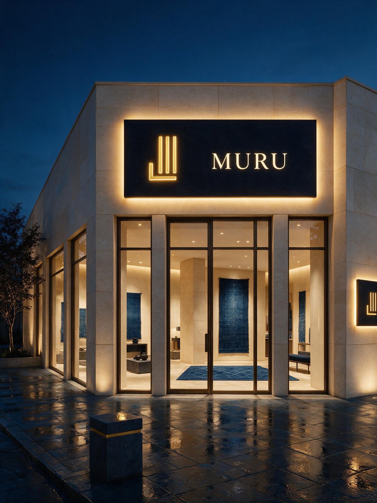 Muru identity applied to a storefront at night