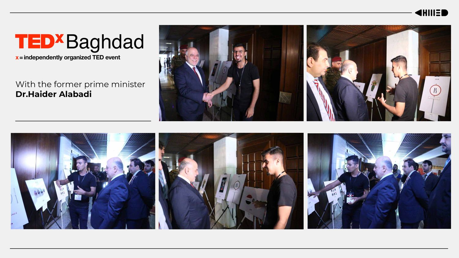 TEDxBaghdad 2017 contact sheet: Ahmed Kadhim presenting his exhibited boards to Dr. Haider Al-Abadi